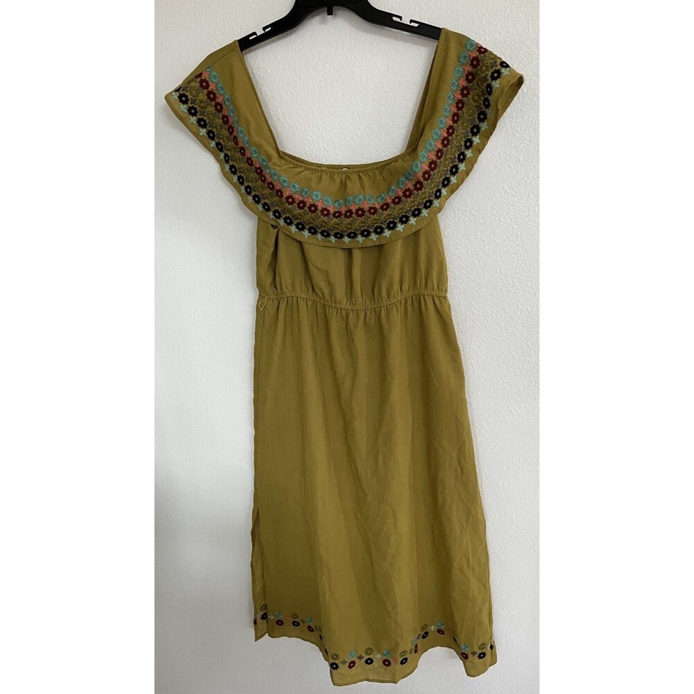 THML Embroidered Maxi Womens Dress Large Mustard Green Cottagecore Boho Chic